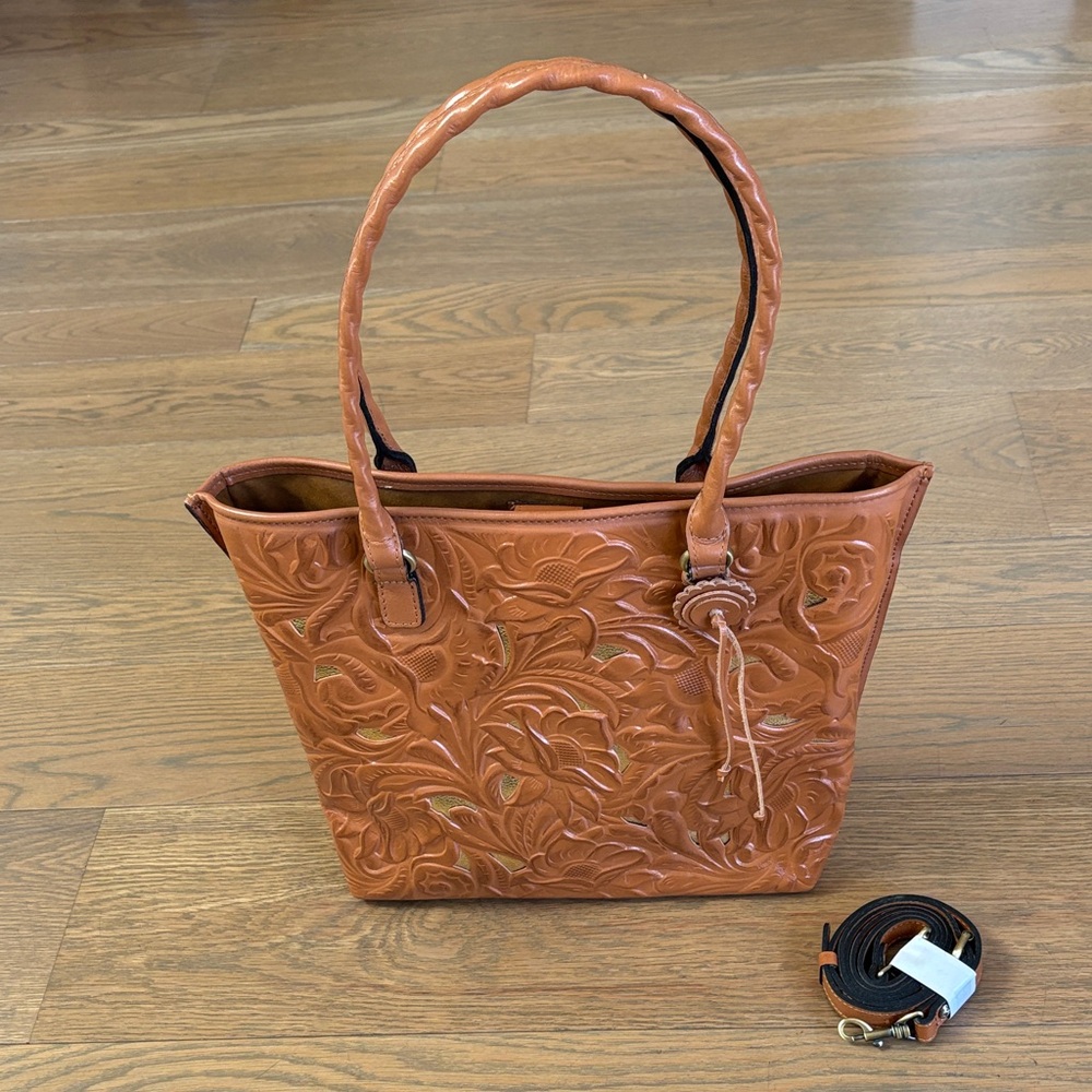 PATRICIA NASH Adeline Cognac Leather Cutout Tooled Tote